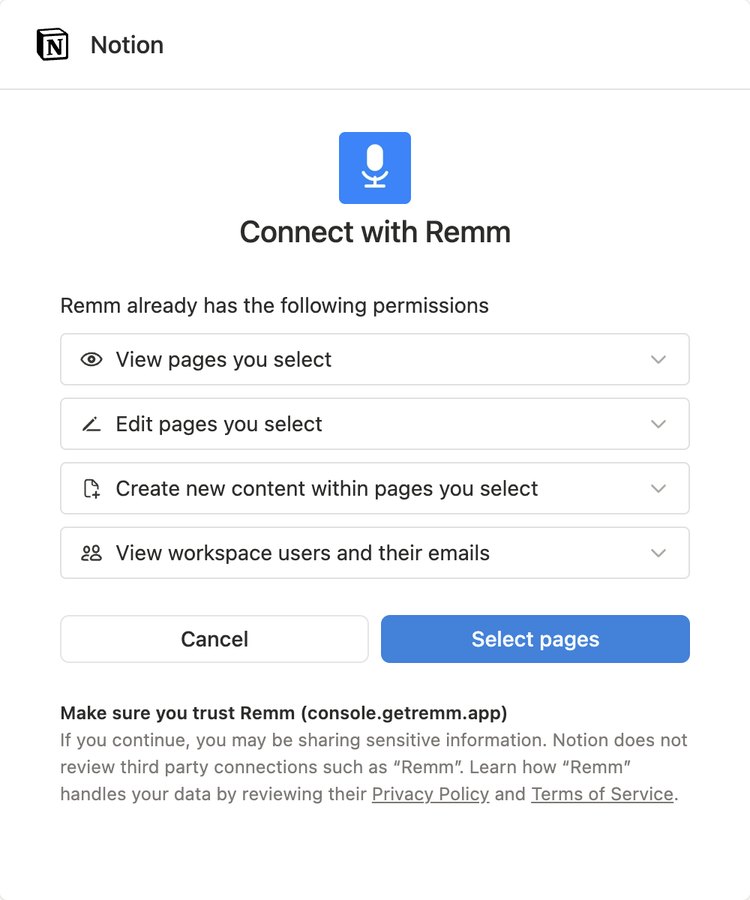 노션의 Connect with Remm 권한 화면